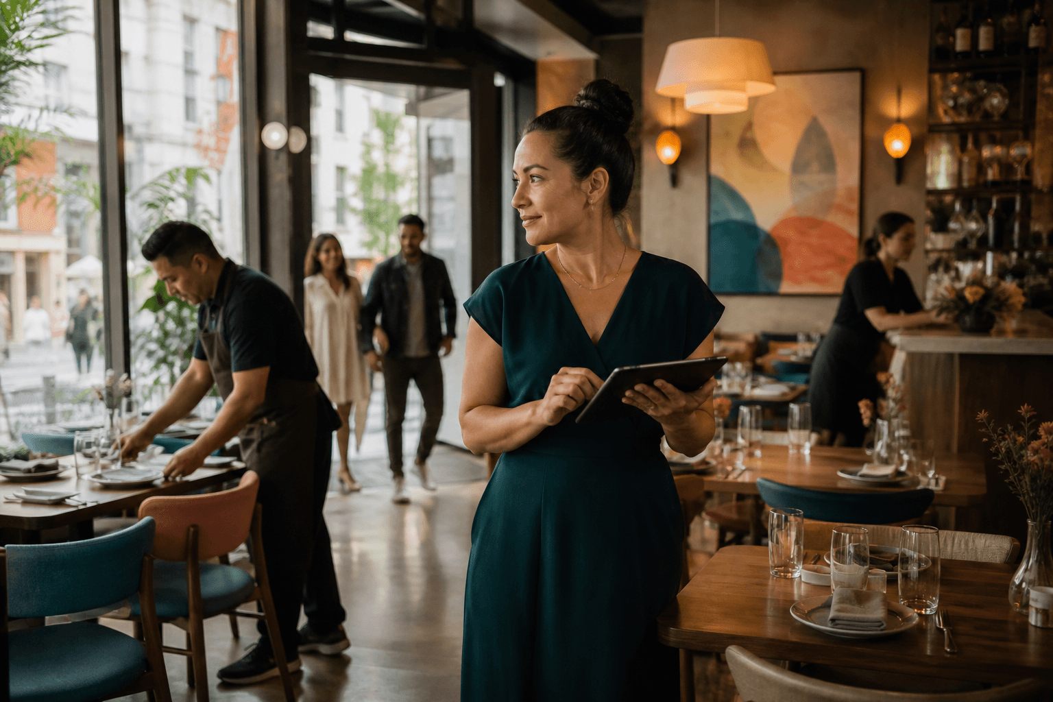 Restaurant owner preparing service in a busy dining room